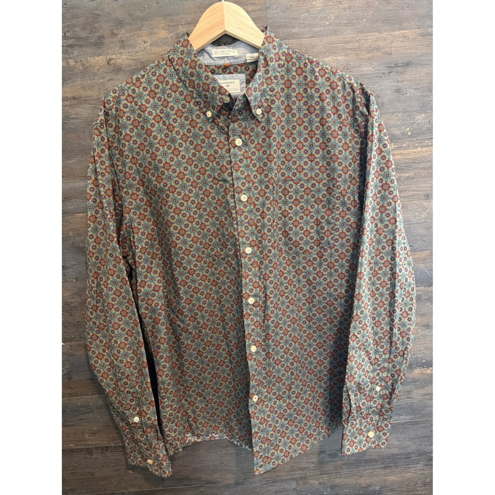 Dockers Mens Pima Poplin Fitted Medallion Print Button Down Shirt Green Large